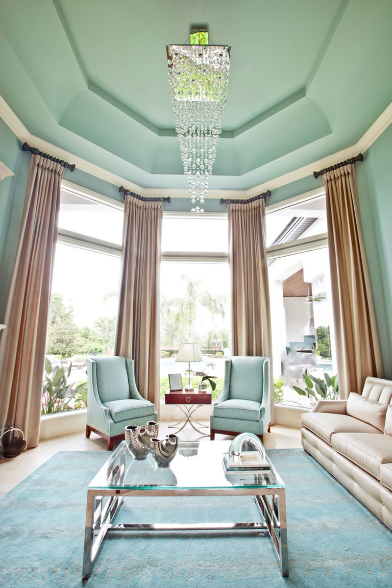 Stunning living room with minty ceiling