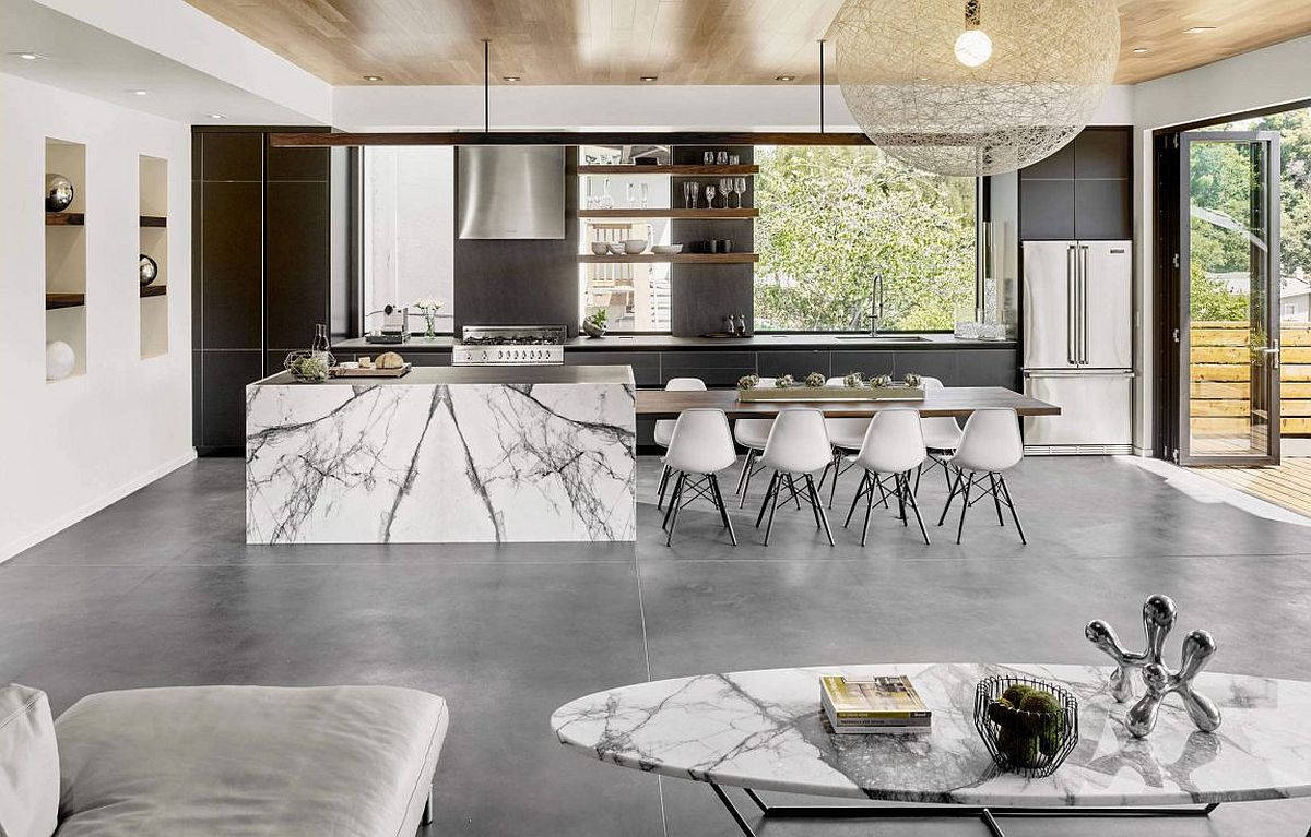 Stunning marble kitchen island with an exteded dining space