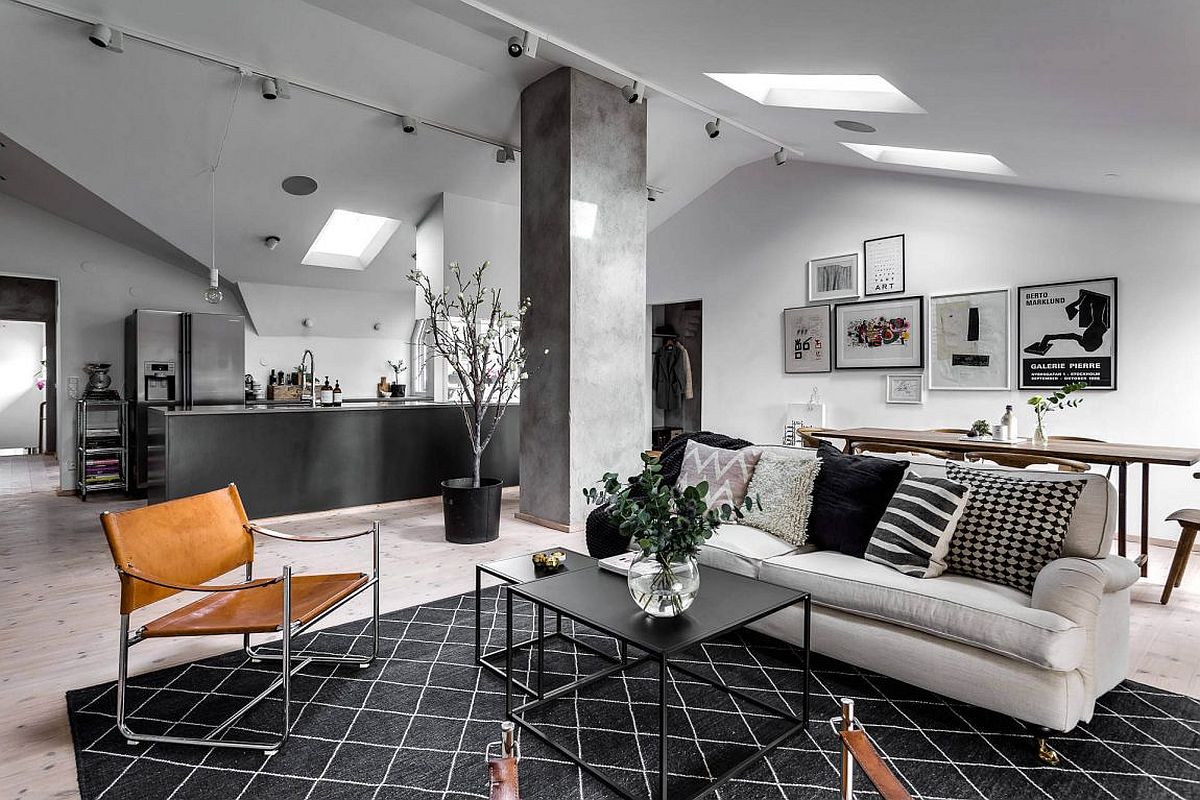 Stylish Scandinavian apartment in black and white with a touch of gray