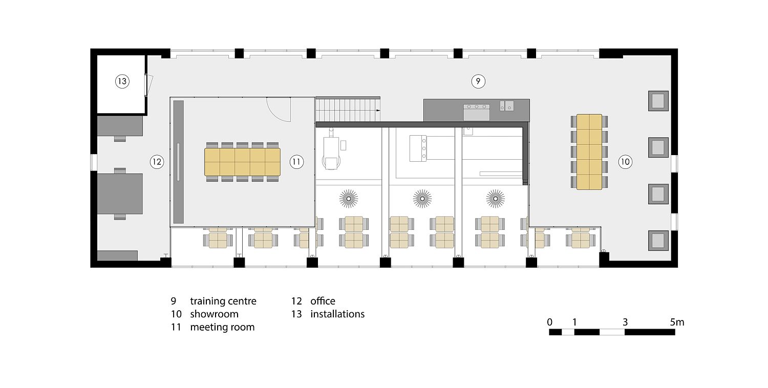 Top level floor plan of old paint factory turned into a trendy cafe and restaurant