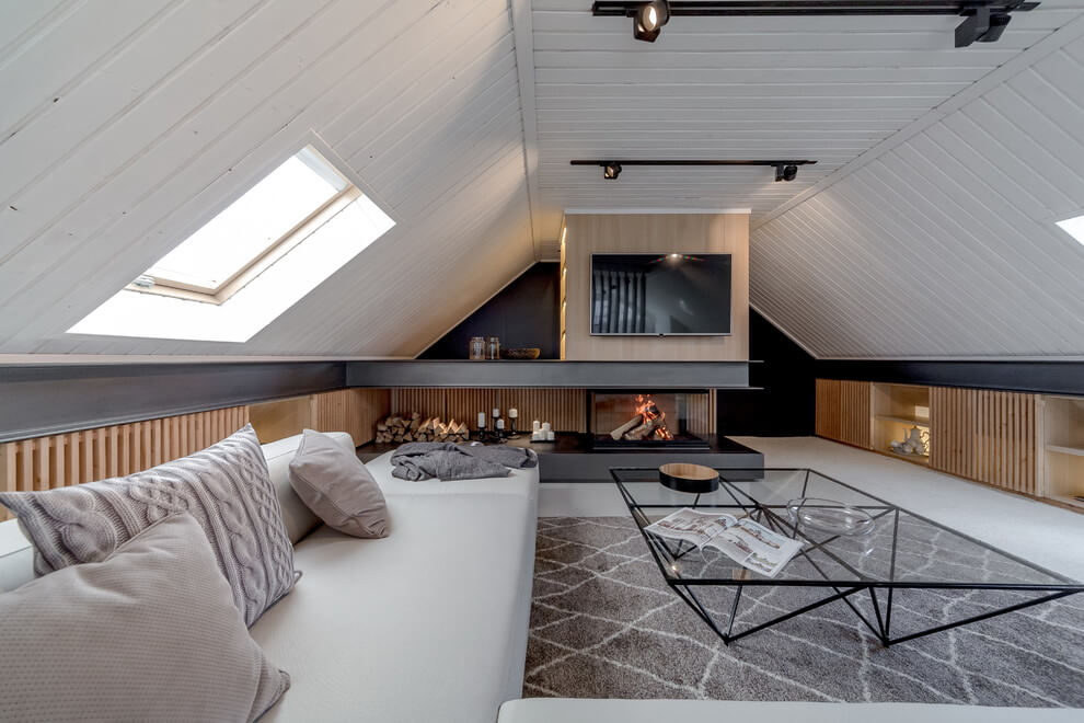 Tranquil attic living room with modern and neutral decor