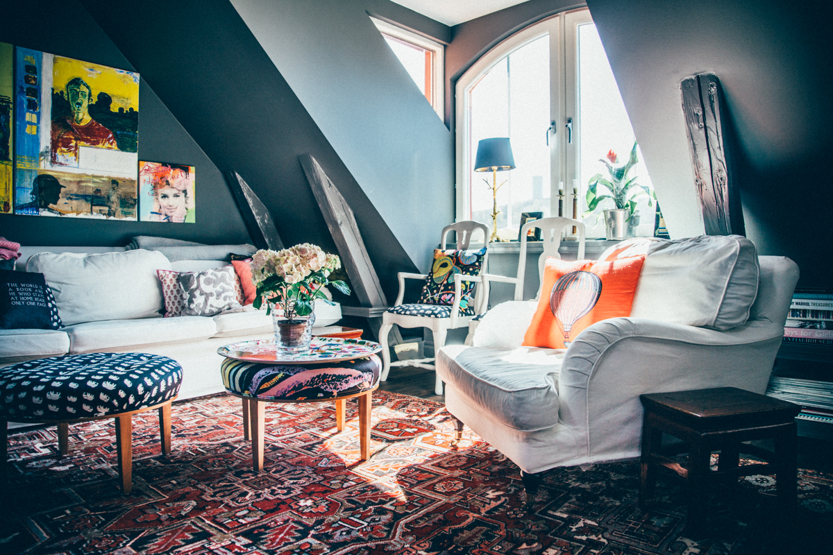 Vibrant and colorful attic living room