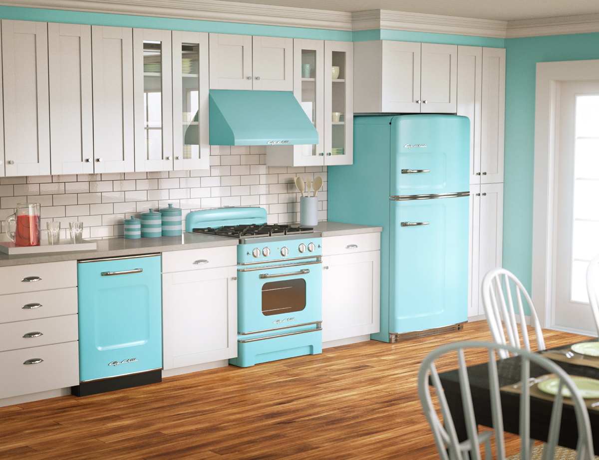 A bright kitchen with striking retro blue elements