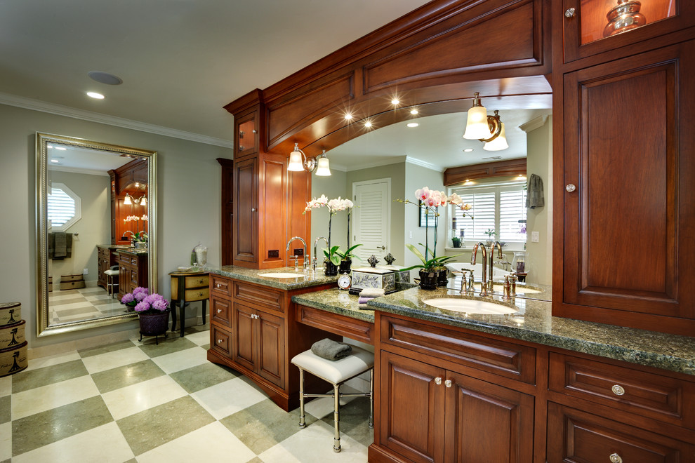 A checkerboard flooring in a neutral color tone that matches the countertop