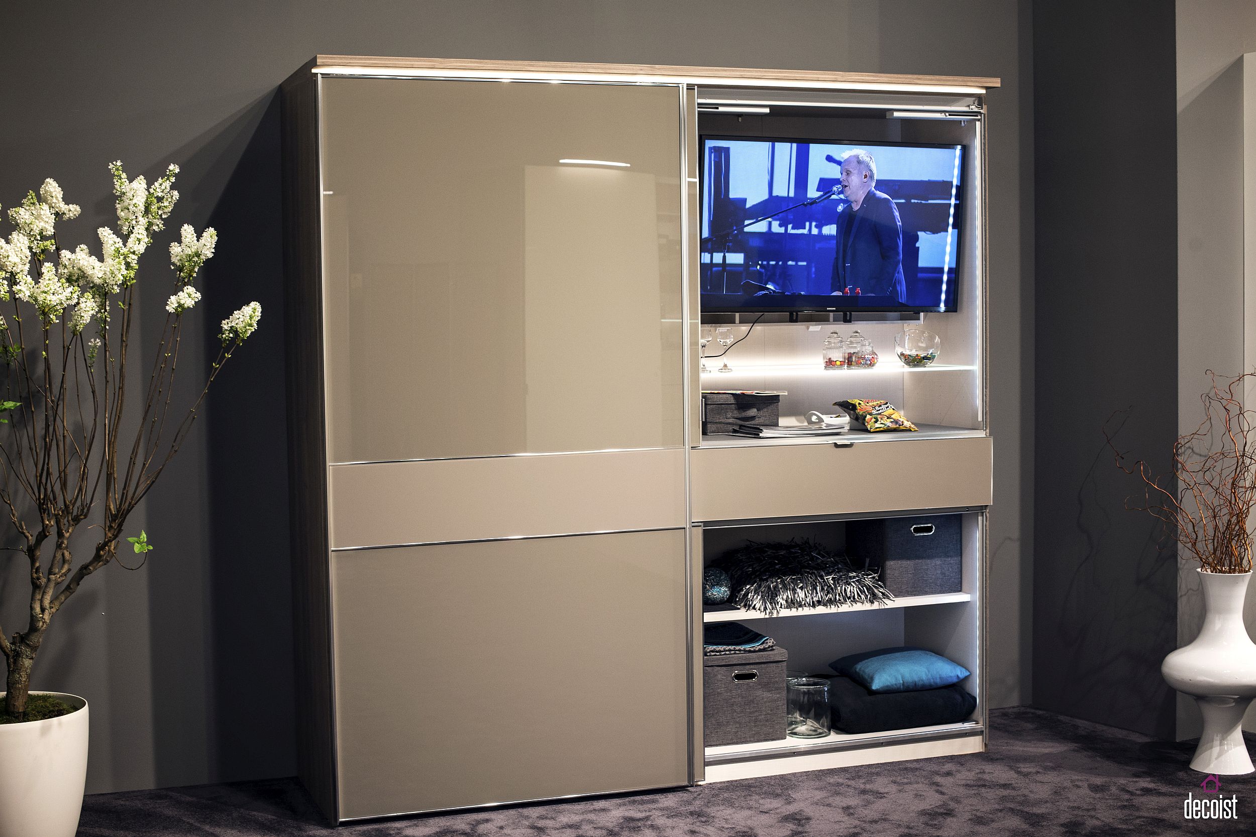 Bedroom wardrobe and TV stand combined into one