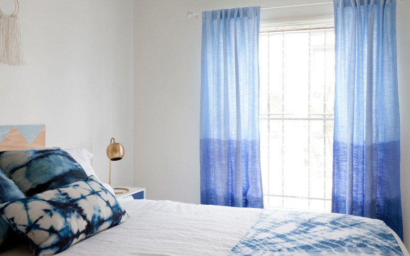 Blue ombre curtains with minimal saturation