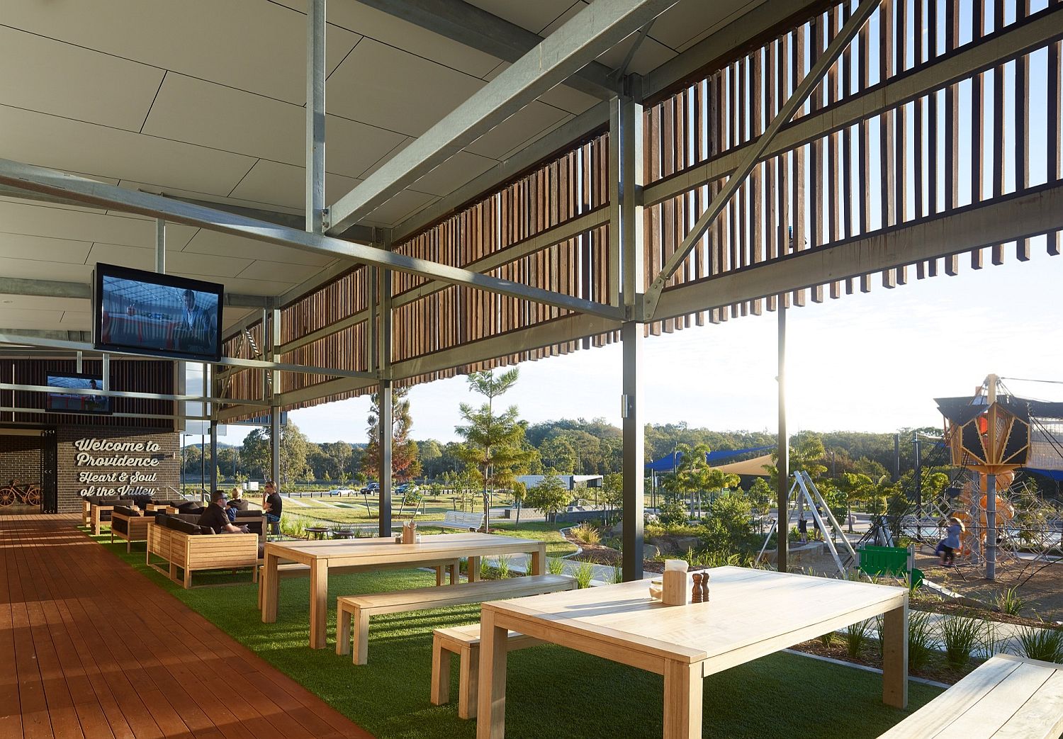 Comfortable seating with ample shade for the community center