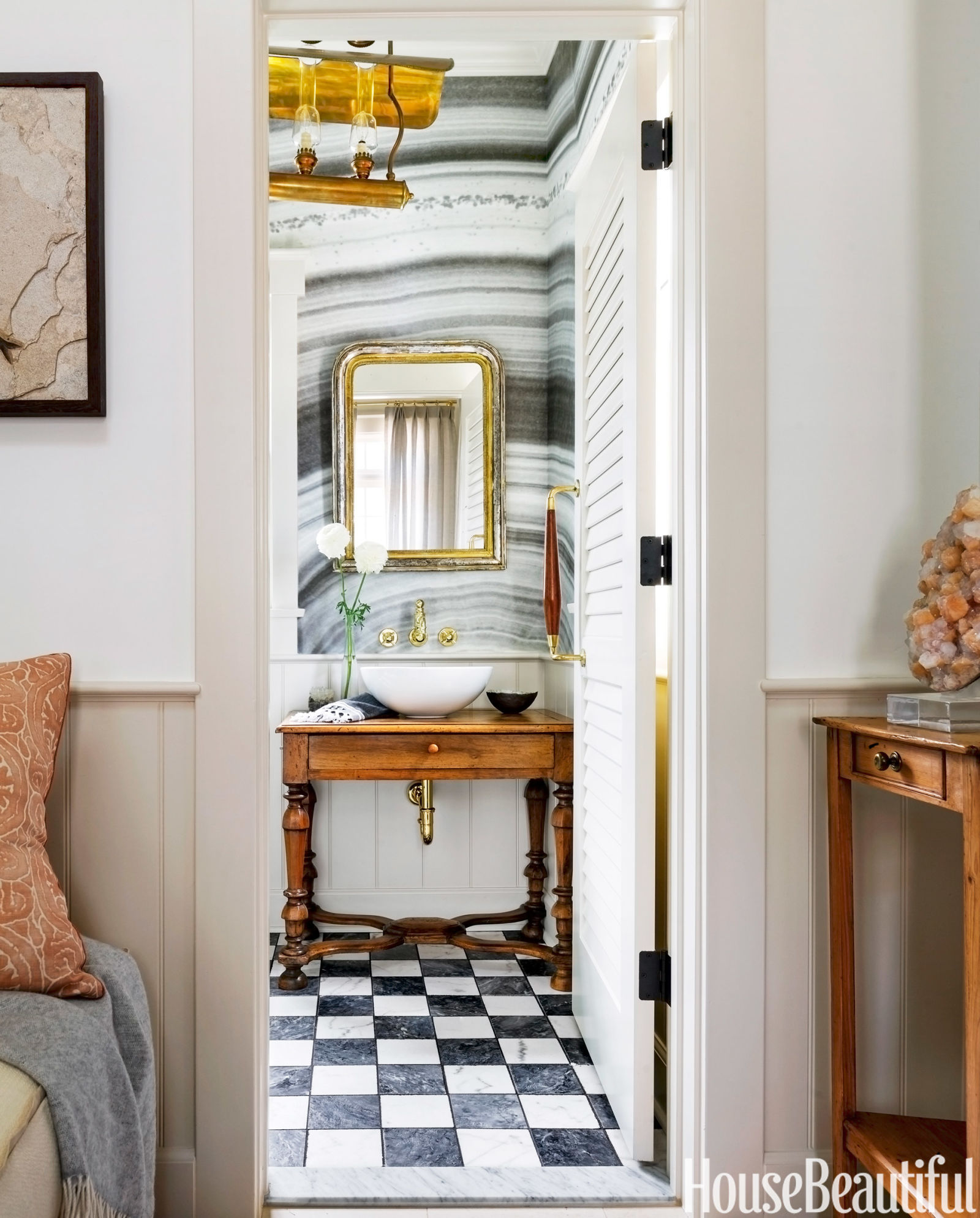 Contemporary bathroom with rustic elements and checkerboard floors