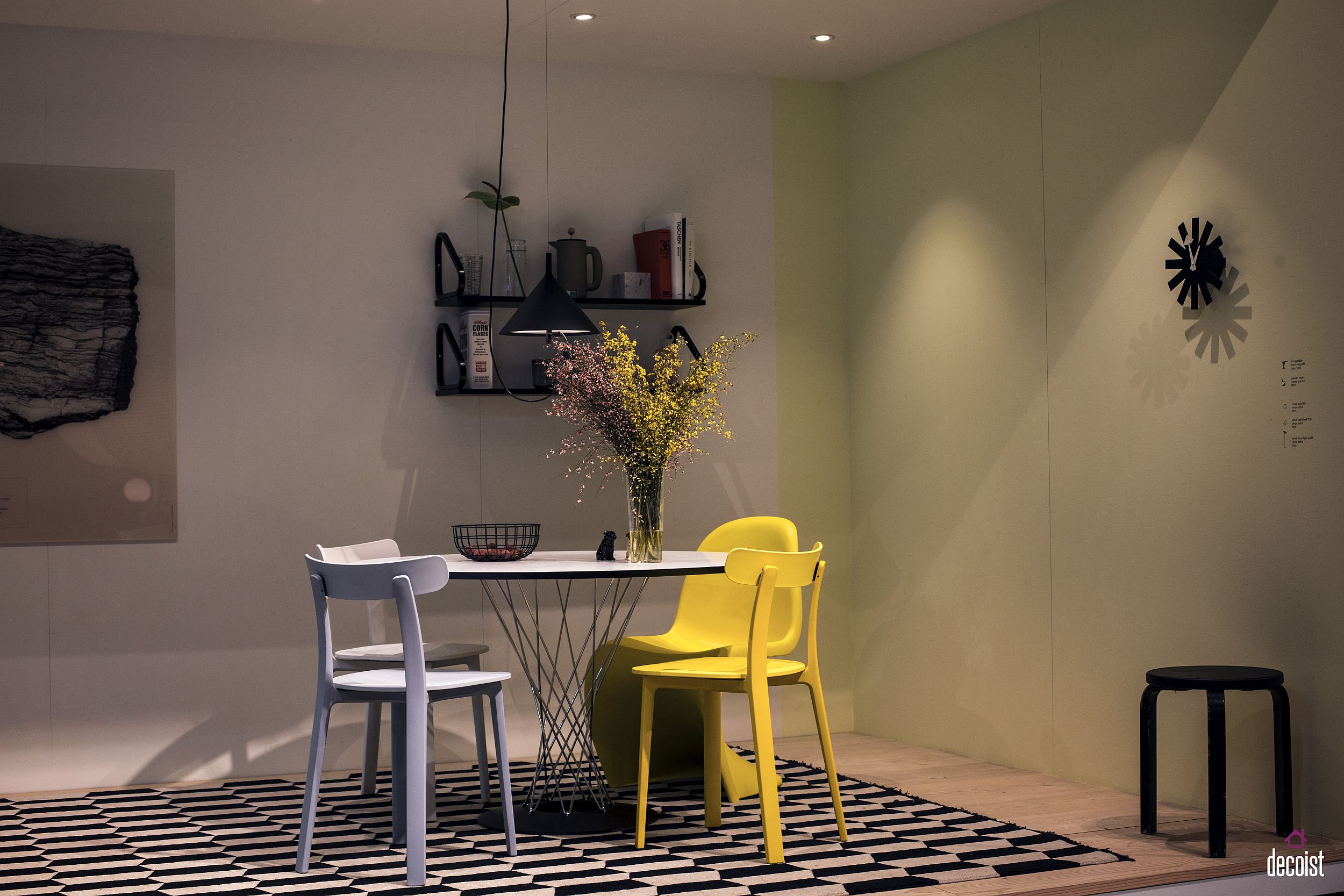 Couple of chairs in yellow brighten the dining room in neutral hues