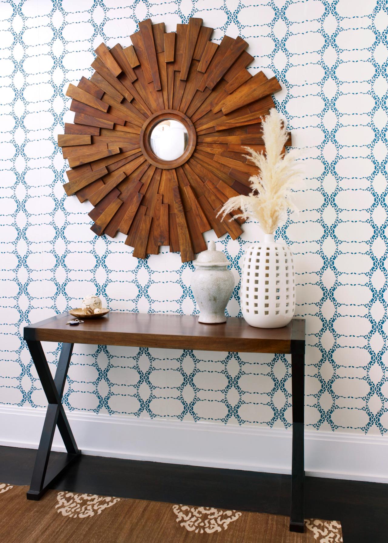 Decorative mirror as a a fabulous farmhouse element in a minimalist entryway