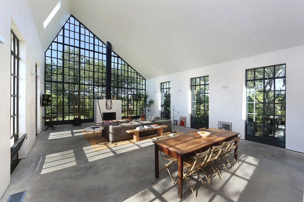 Dining table in wood and living room couch in gray