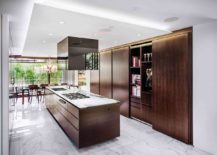 Exquisite-contemporary-kitchen-in-white-with-central-island-and-shelves-in-dark-wood-217x155