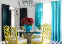 Exquisite-dining-room-with-light-blue-drapes-yellow-chairs-and-a-snazzy-chevron-pattern-rug-217x155