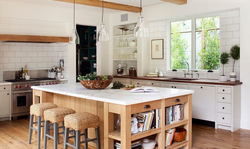 White Kitchen Design With Light Wooden Cabinets And Detailed