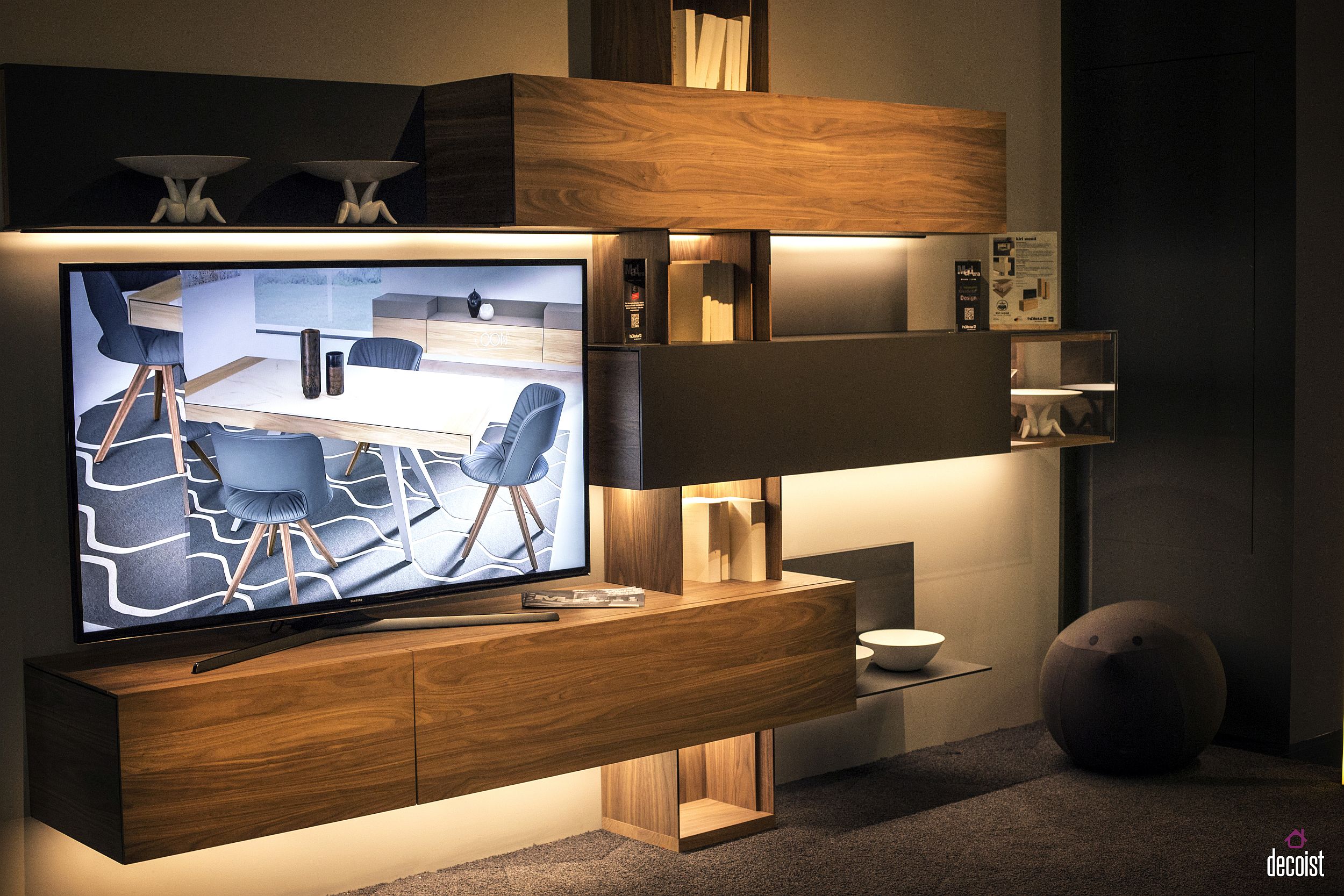 Floating wooden cabinets with LED under-cabinet lighting make for scintillating TV stands