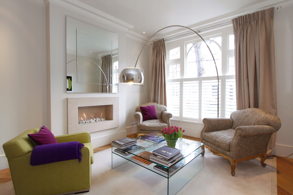 Glass coffee table in a room where colors are bold and bright