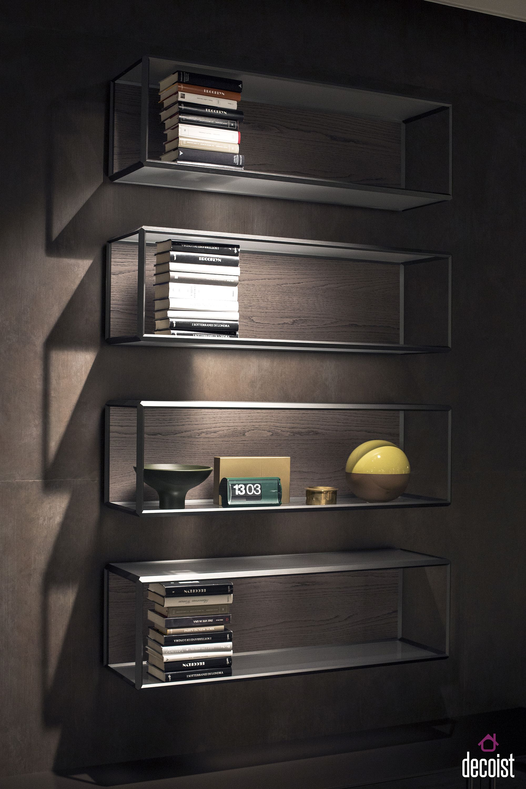 Minimal and ultra-modern floating shelves with gorgeous accent lighting