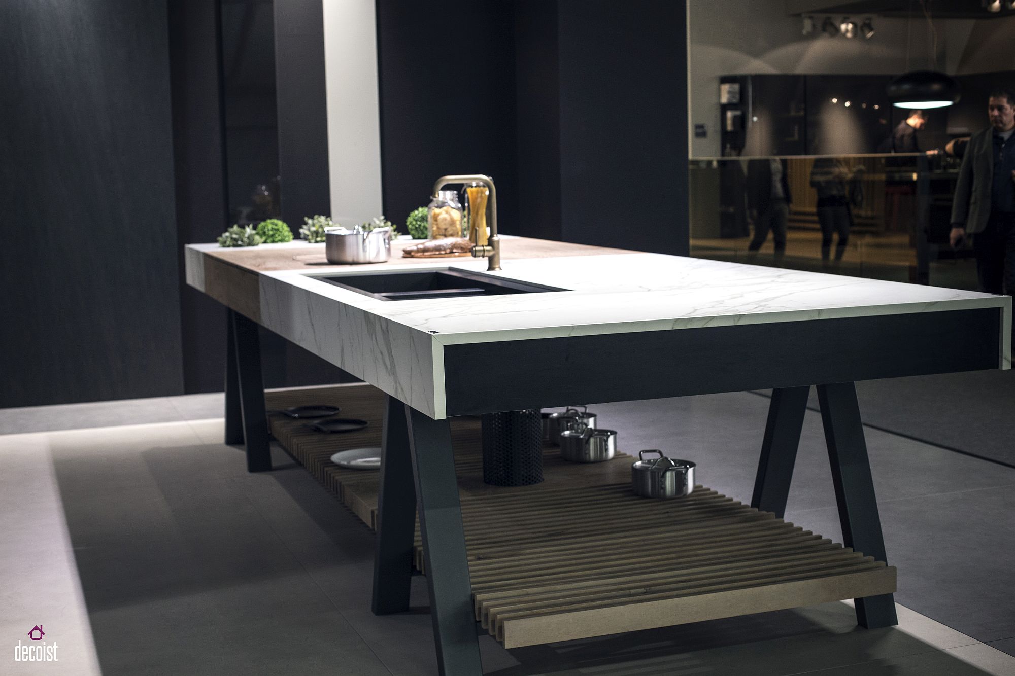 Minimal kitchen island with marble countertop and a wooden base section