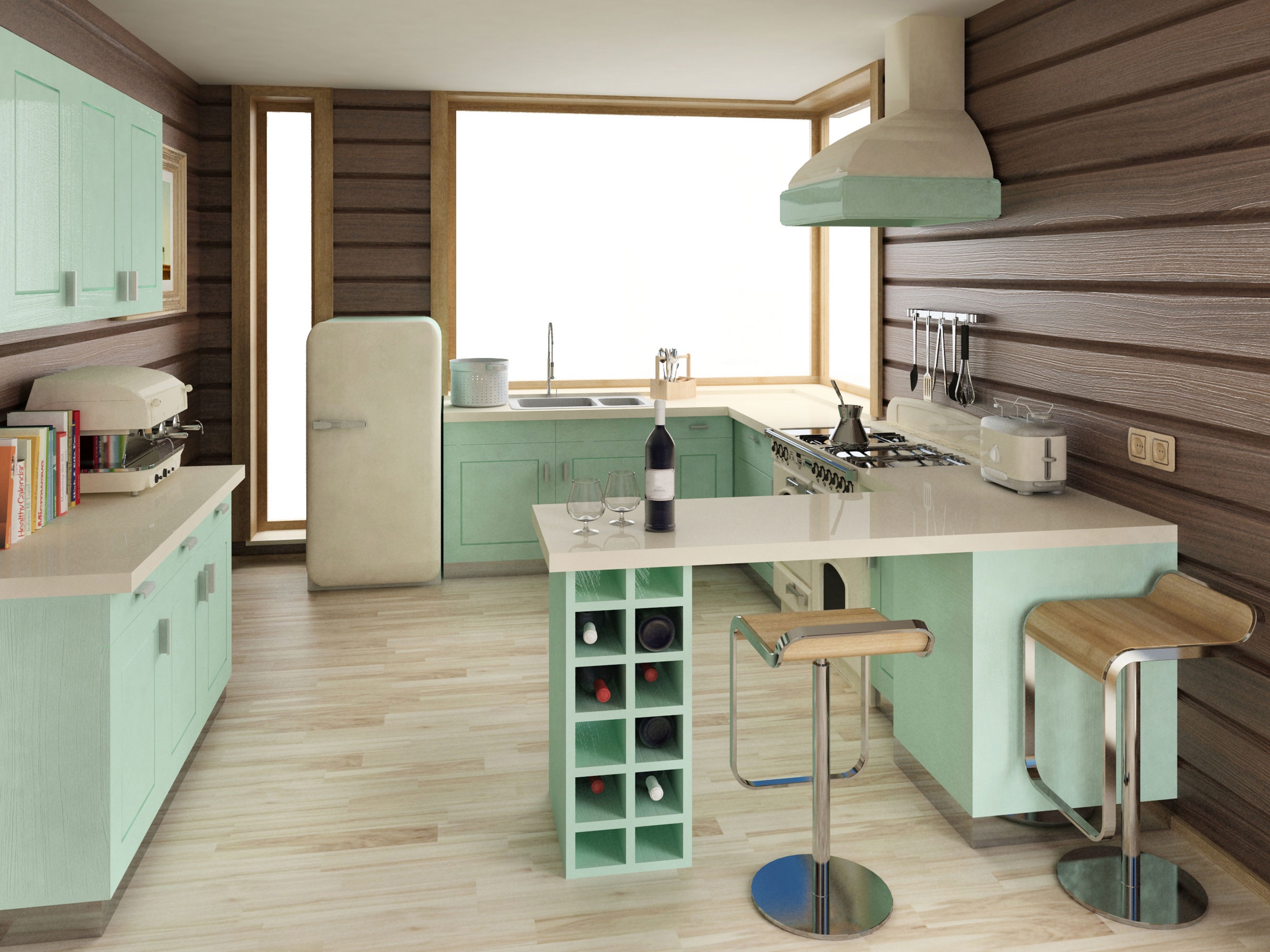 Minty-retro-kitchen-with-rustic-wood-