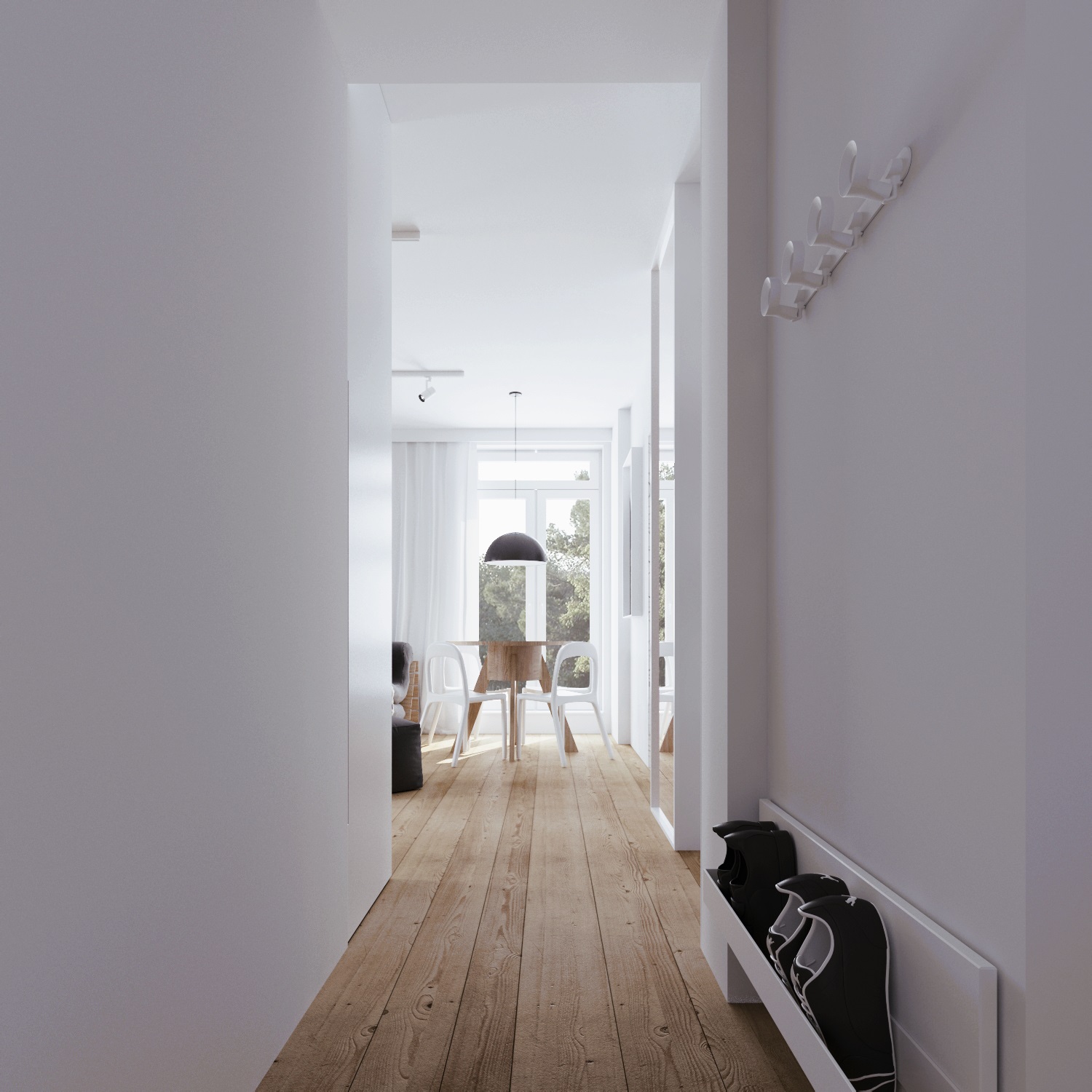 Narrow entryway with white walls and wall-mounted shoe storage and coat rack