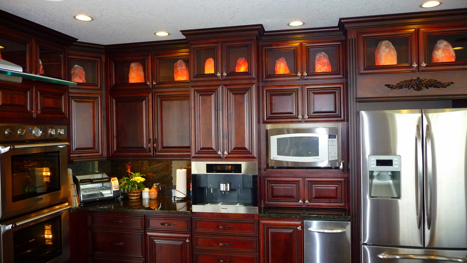 Place the salt lamps in the top kitchen cabinets