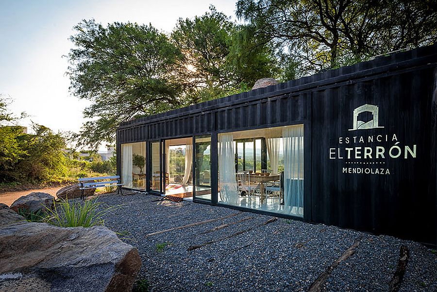 Sales office for estancia el terrón in Argentina crafted from old shipping container