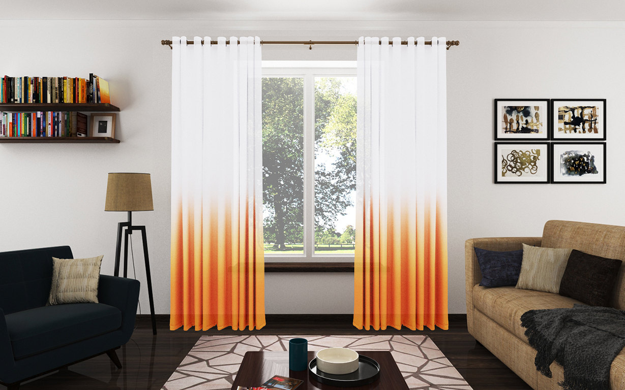 Simple orange curtains in a neutral living room