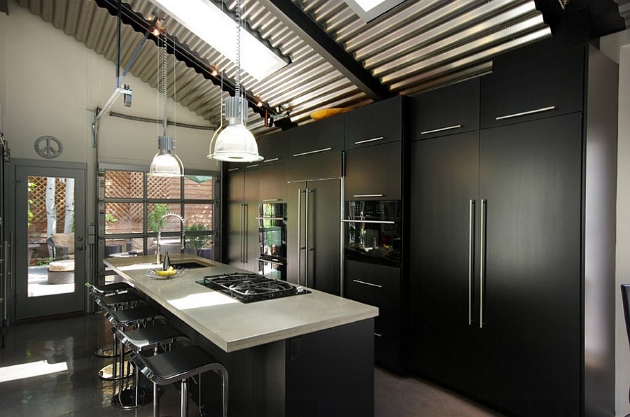 Black and White Kitchen with Black Island - Transitional - Kitchen