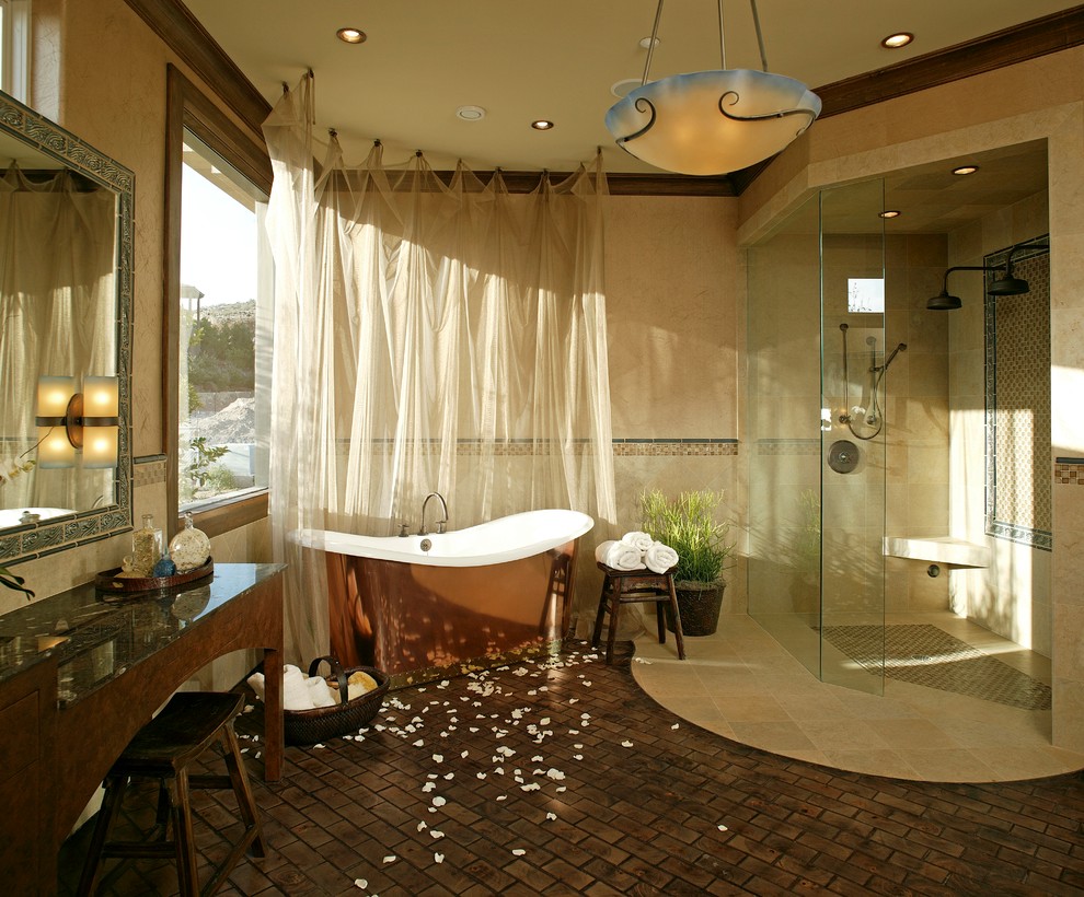 Spacious bathroom with a copper bathtub near the walls