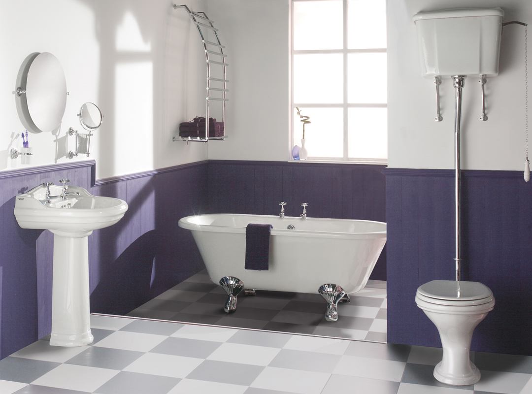 Subtle grey checkerboard floors in a beautifully colored bathroom