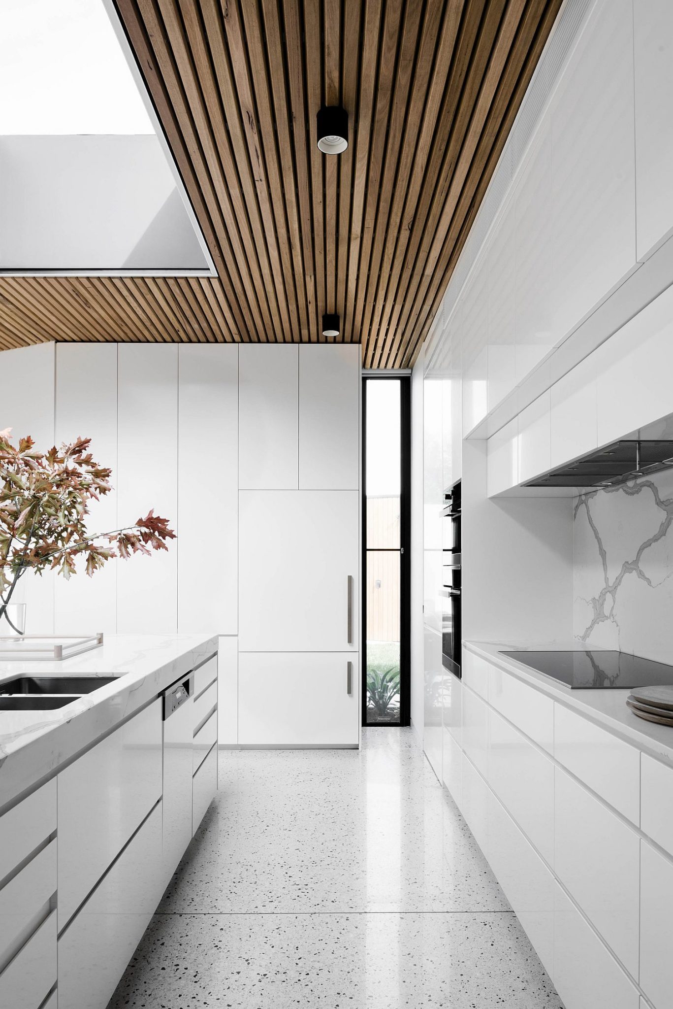 Timber batten ceiling for contemporary kitchen