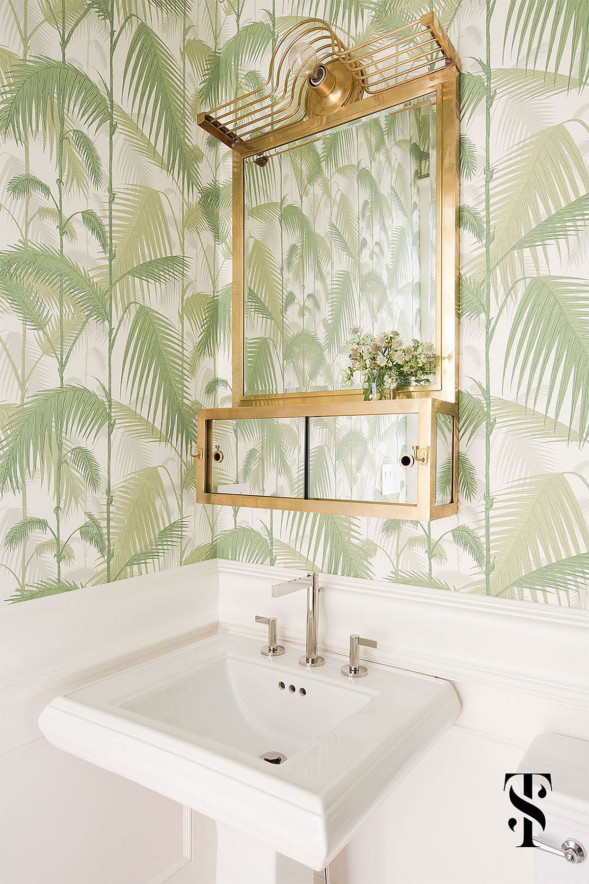 Tropical style powder room idea with hot metallic accents
