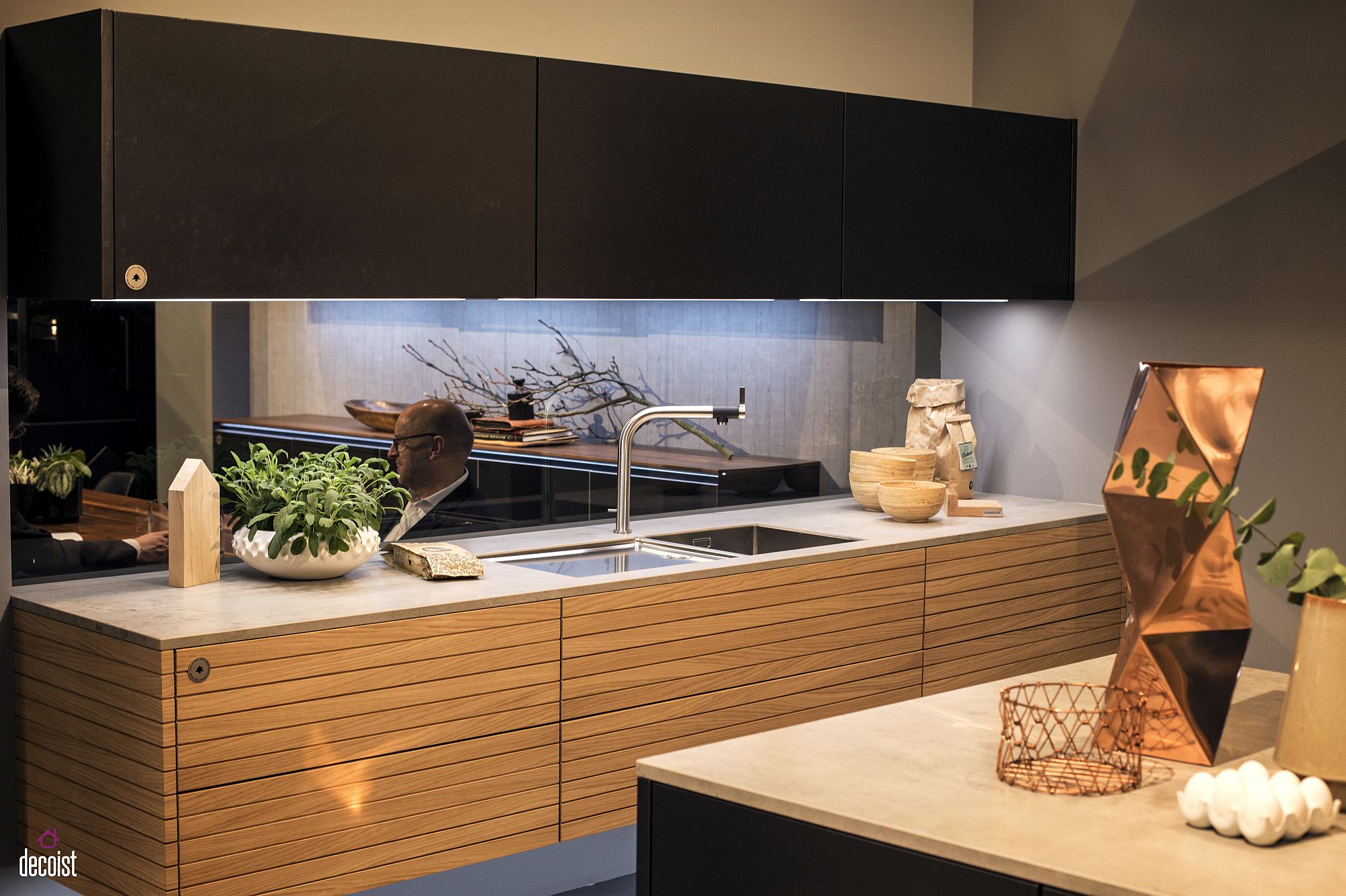 Under-cabinet LED strip lights used to illuminate the kitchen countertop