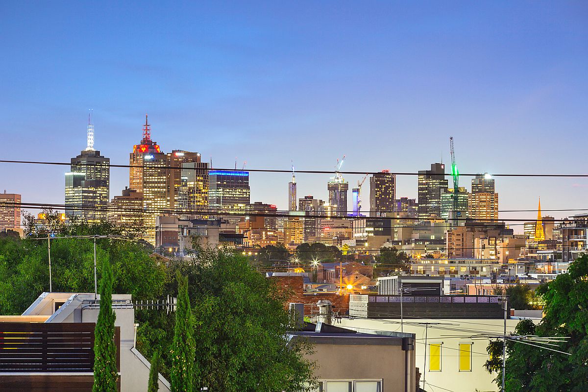 View of sparkling Melbourne skyline from the Glasshouse Street Warehouse residence