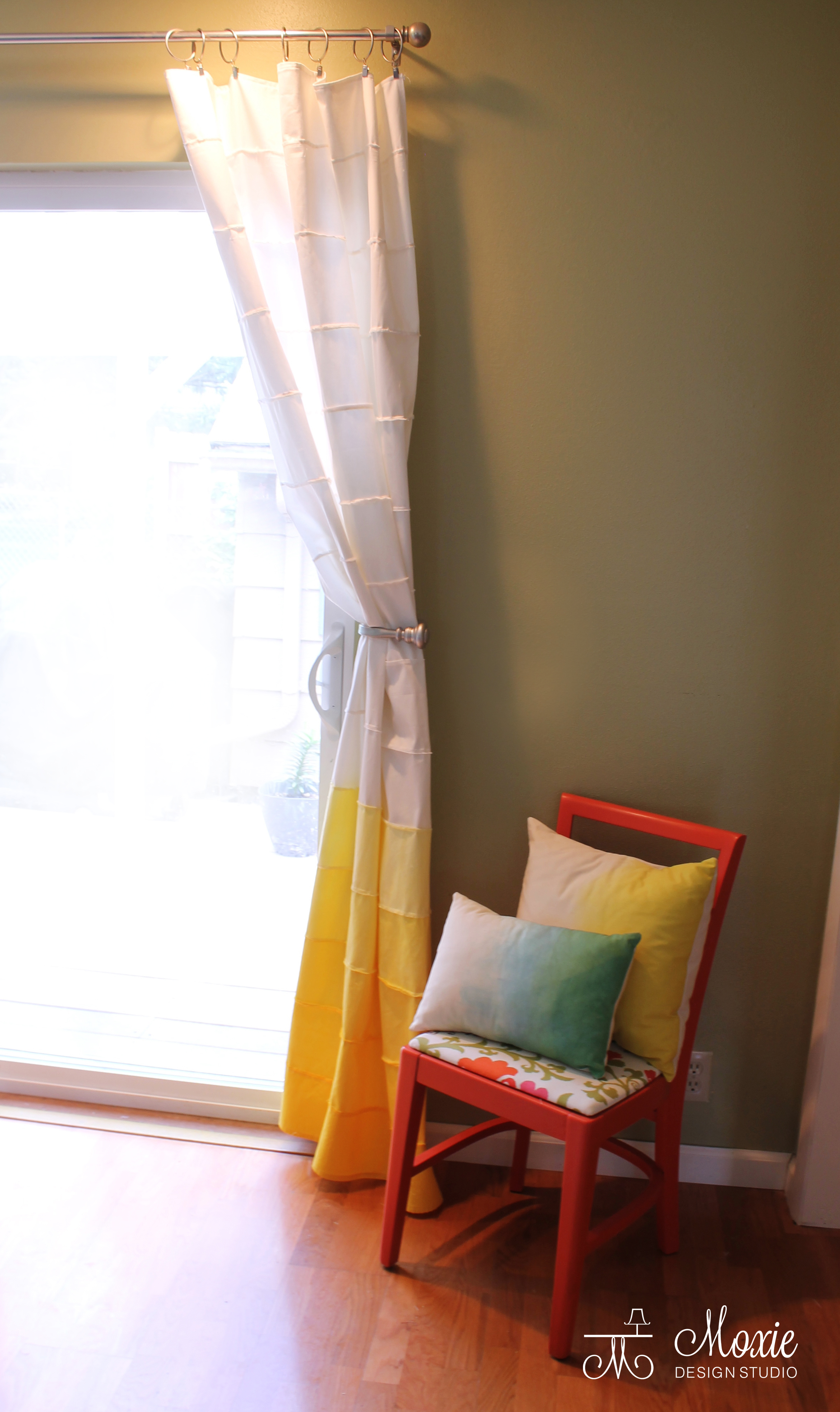 Warm yellow curtains in a well-lit living room