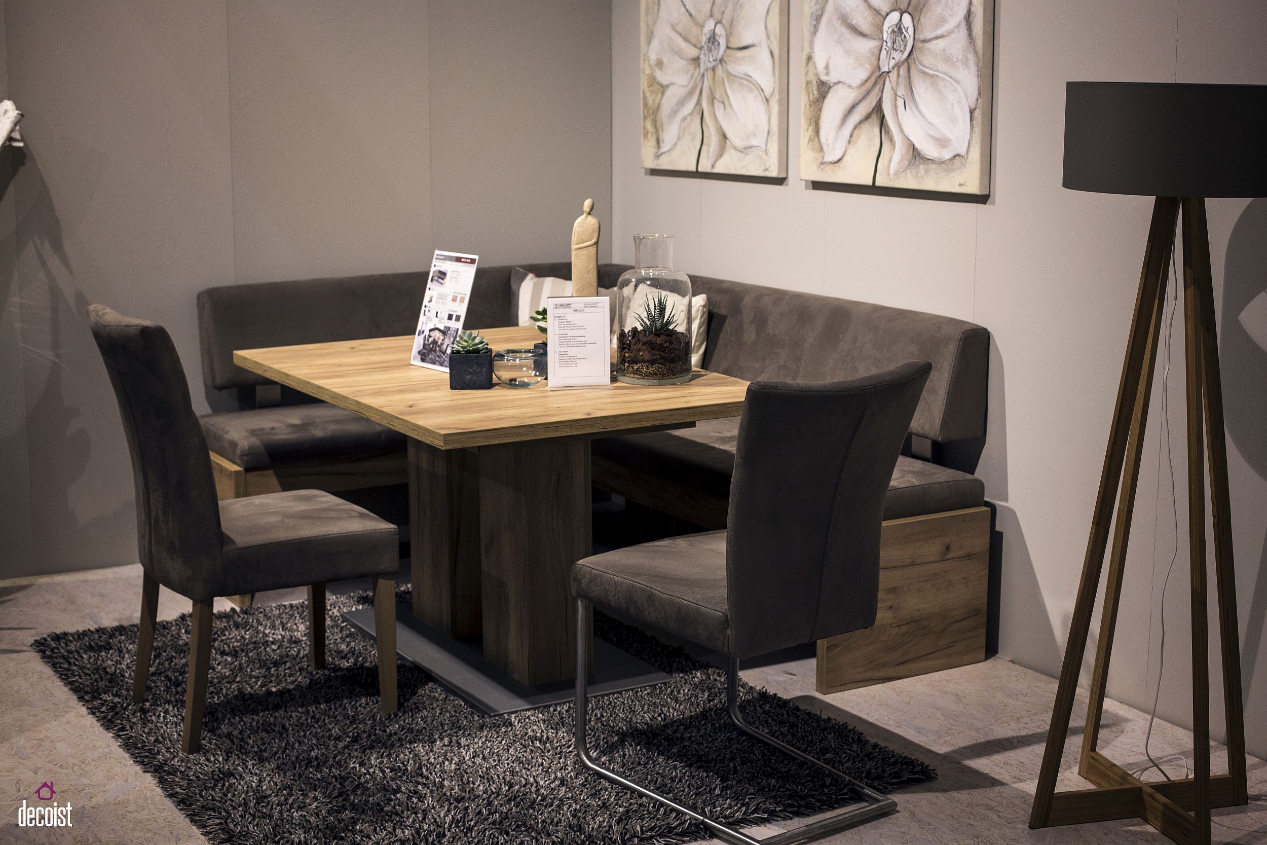 Wood and gray make a stylish combination in the small contemporary dining space