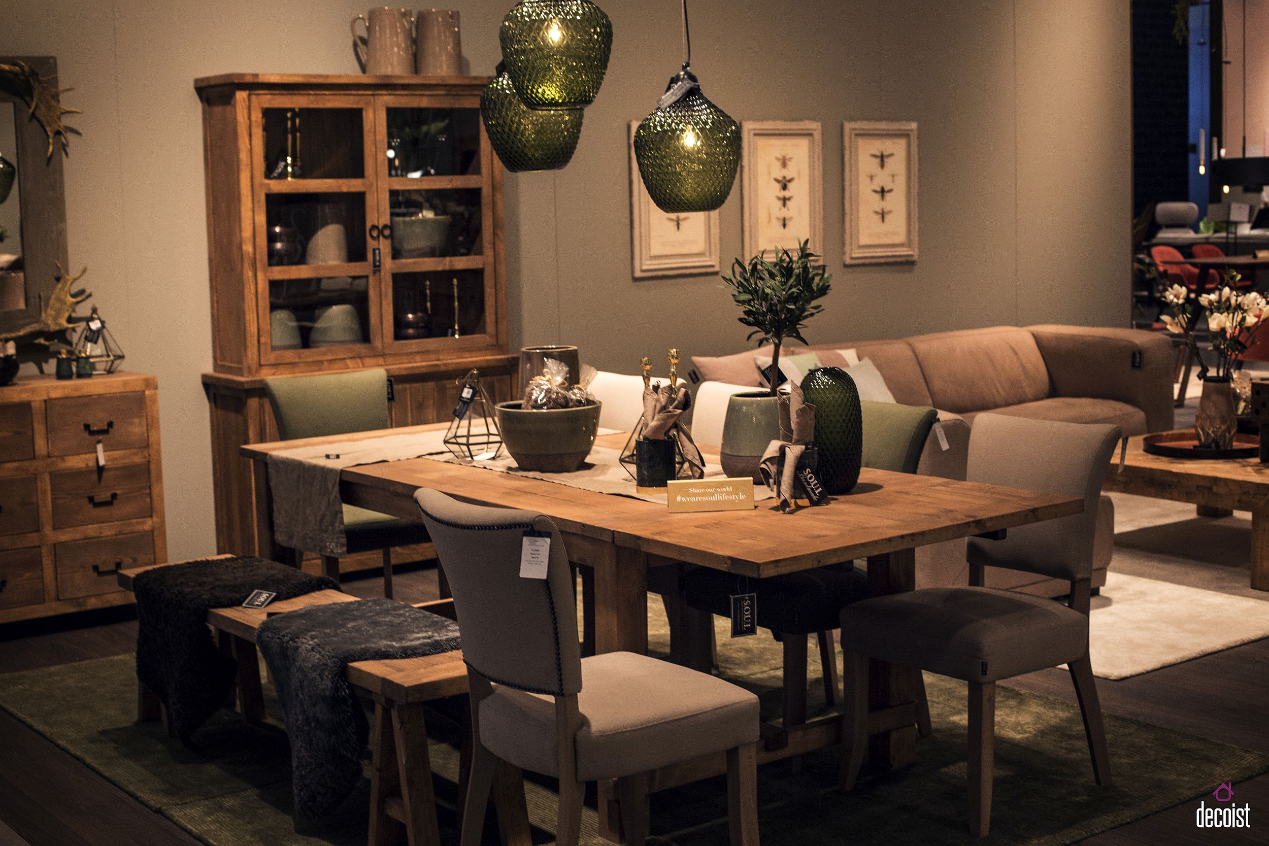 Wooden dining table, matching cabinet and elegant blend of chairs and a wooden bench for the traditional dining room