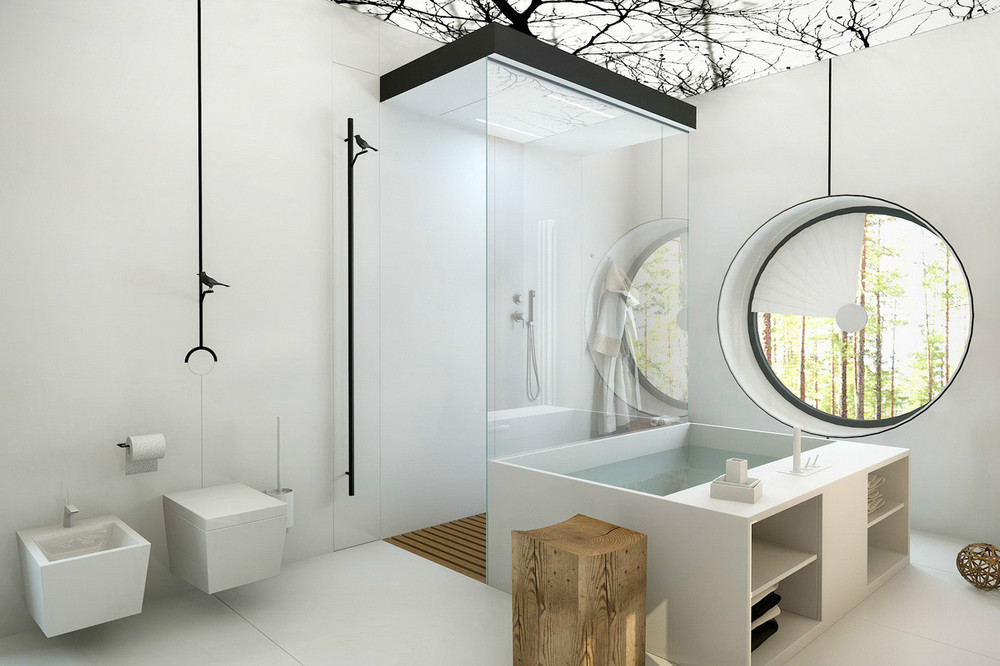 A modern and compelling bathroom with a simple round window