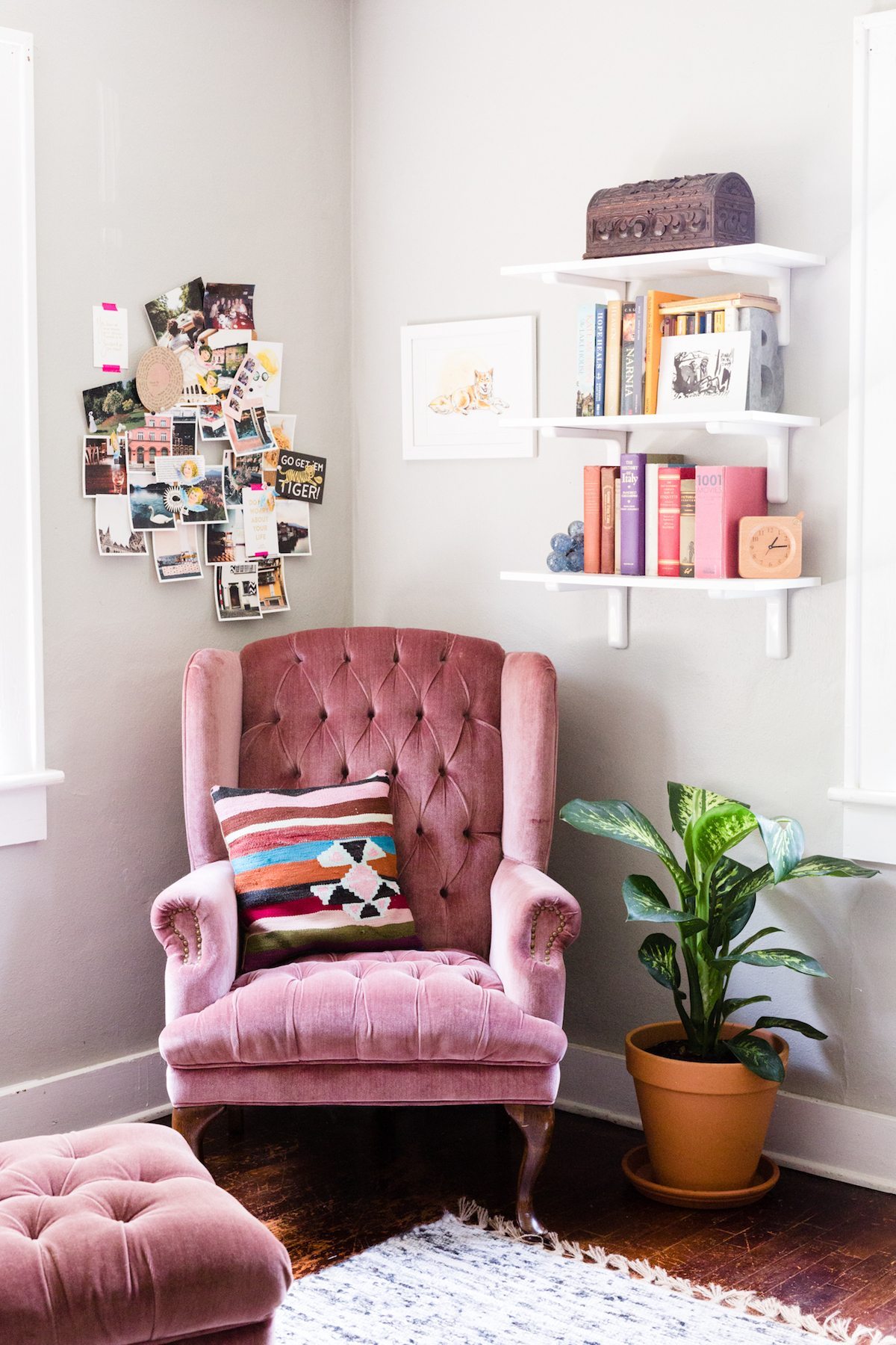 A pastel pink armchair for a tender reading nook