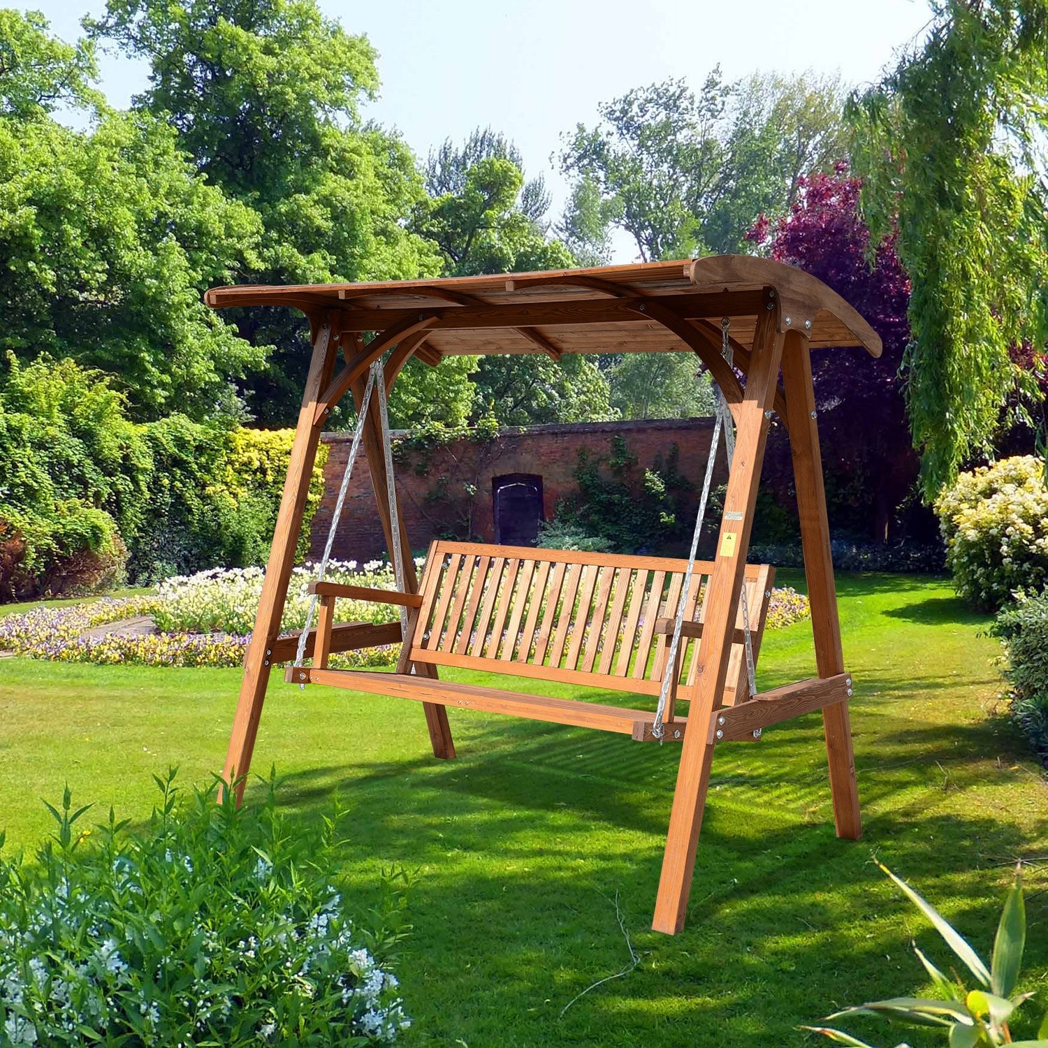 A plain wooden garden swing as the centerpiece