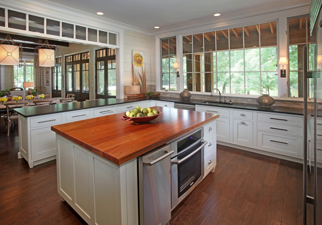 A polished wooden countertop with a distinct glow