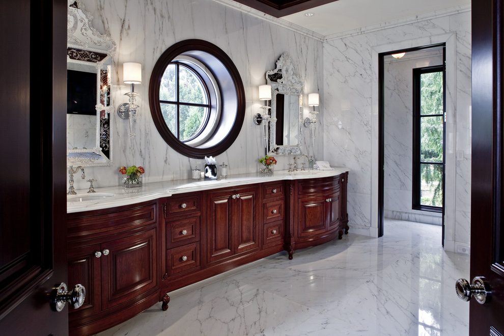 Beautiful marble bathroom with a wooden wound window