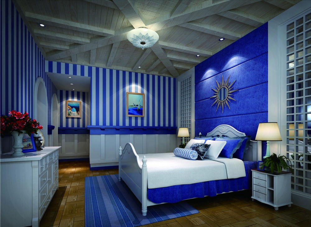 Bedroom with a bold blue interior and a harmonious atmosphere