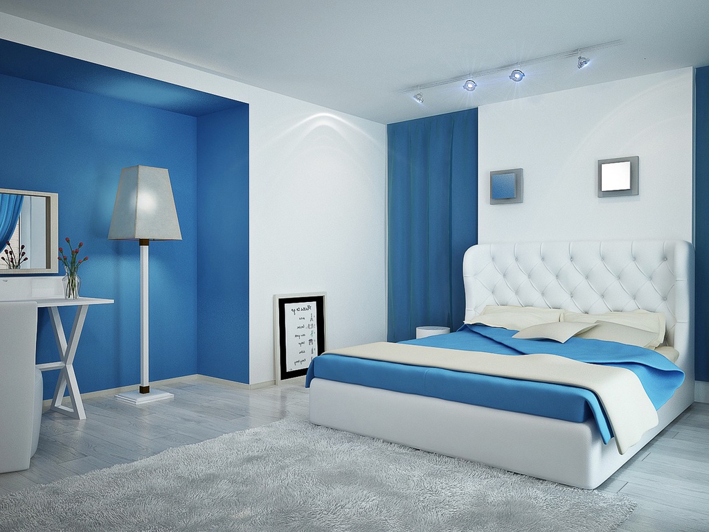 Blue bedroom mixed with white and cream elements