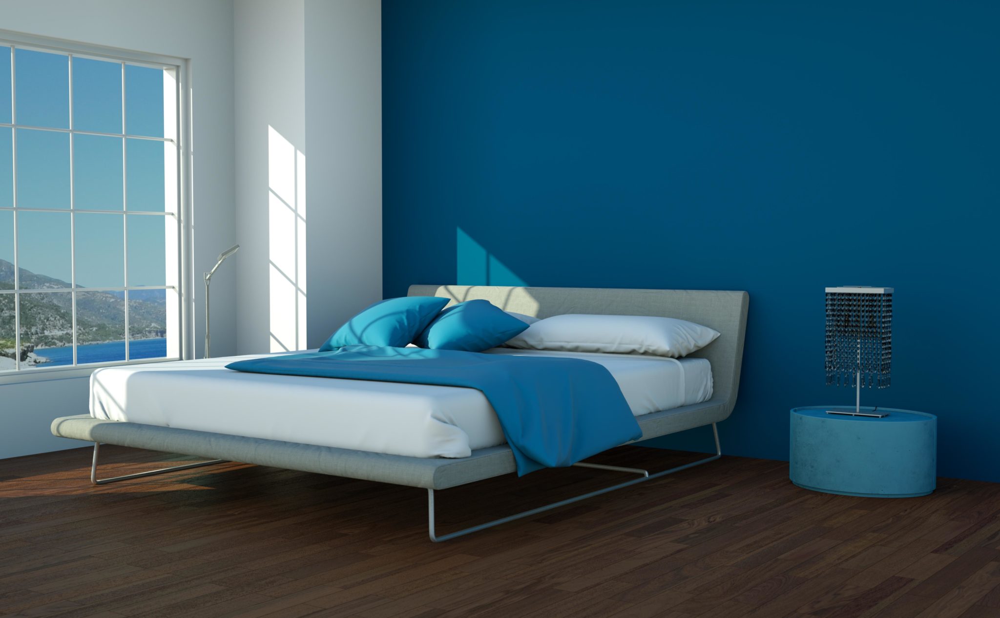 Blue bedroom with a self sufficient appearance