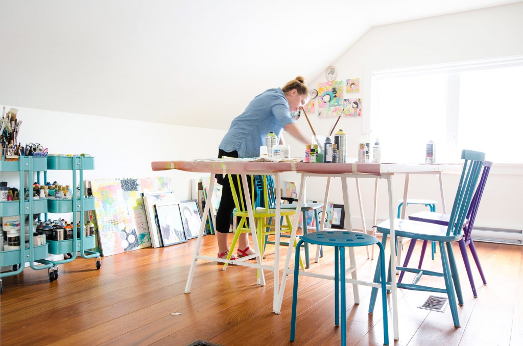 Bright art studio with colorful chairs