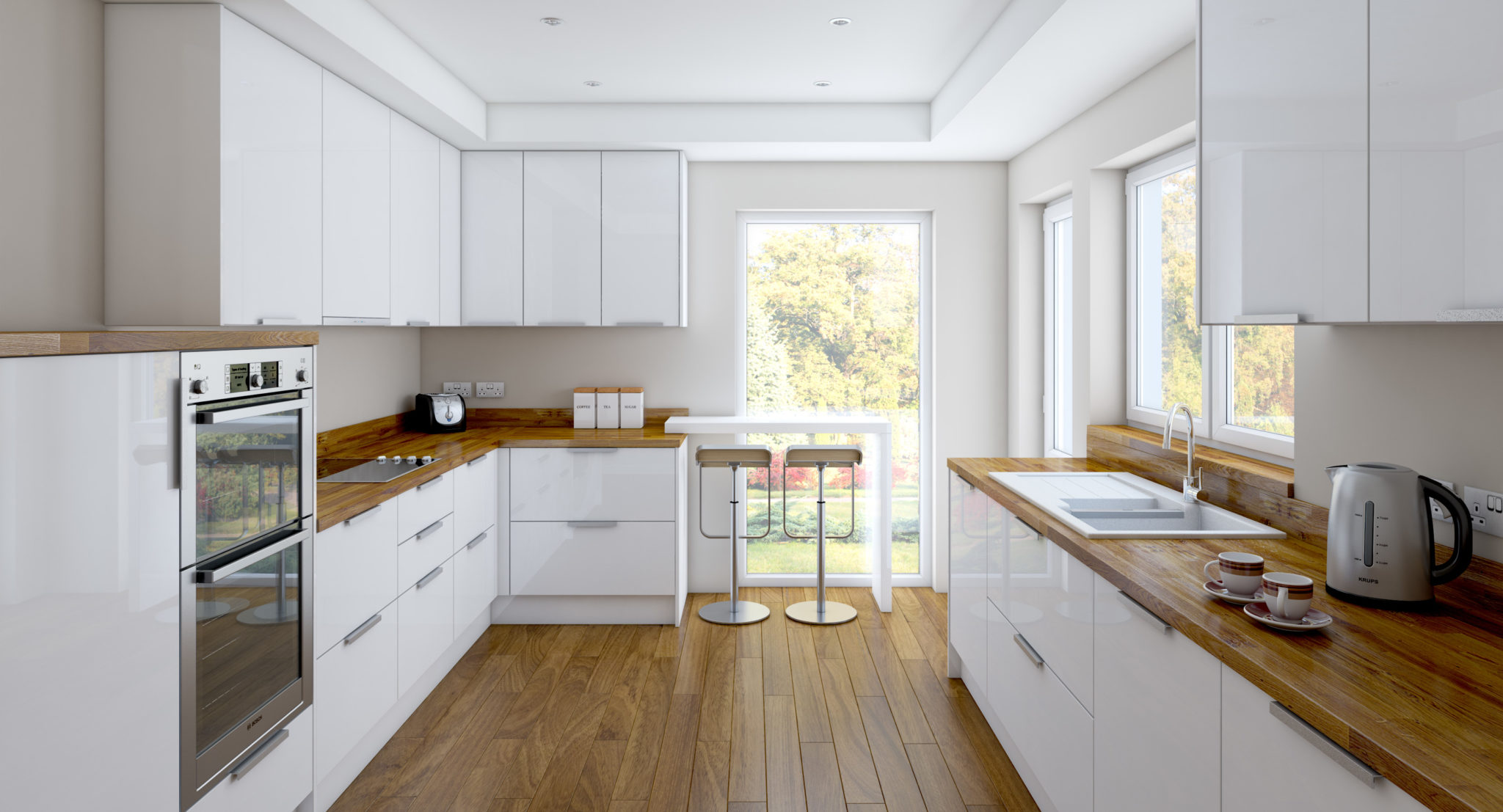 Bright kitchen with a fair wooden countertop