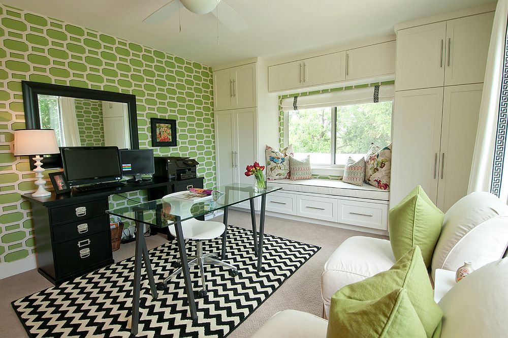 Contemporary home office with comfy reading nook next to the window