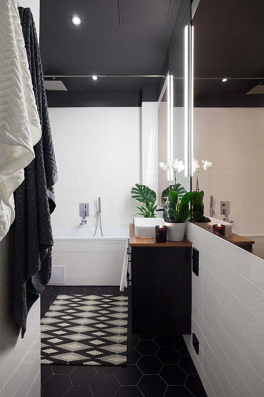 Dark hexagonal tiles for the bathroom floor