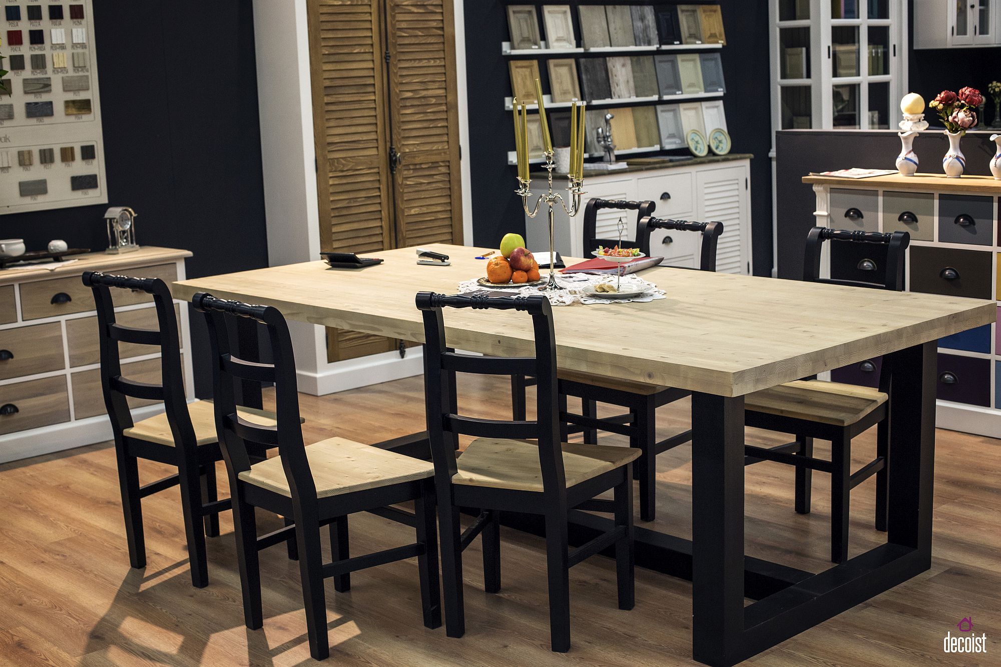 Dining-table-with-straight-lines-and-unqiue-dining-chairs-combine-modernity-with-traditional-appeal